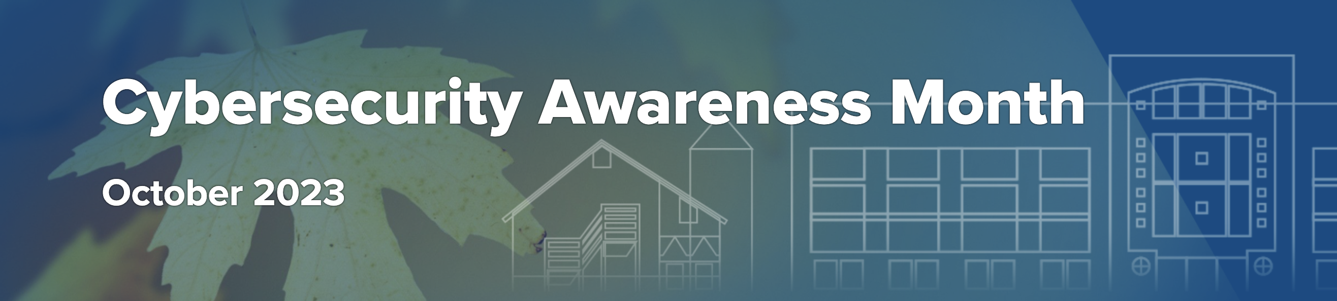 Cybersecurity Awareness Month banner, October 2023 — blue graphic with lock and server icons