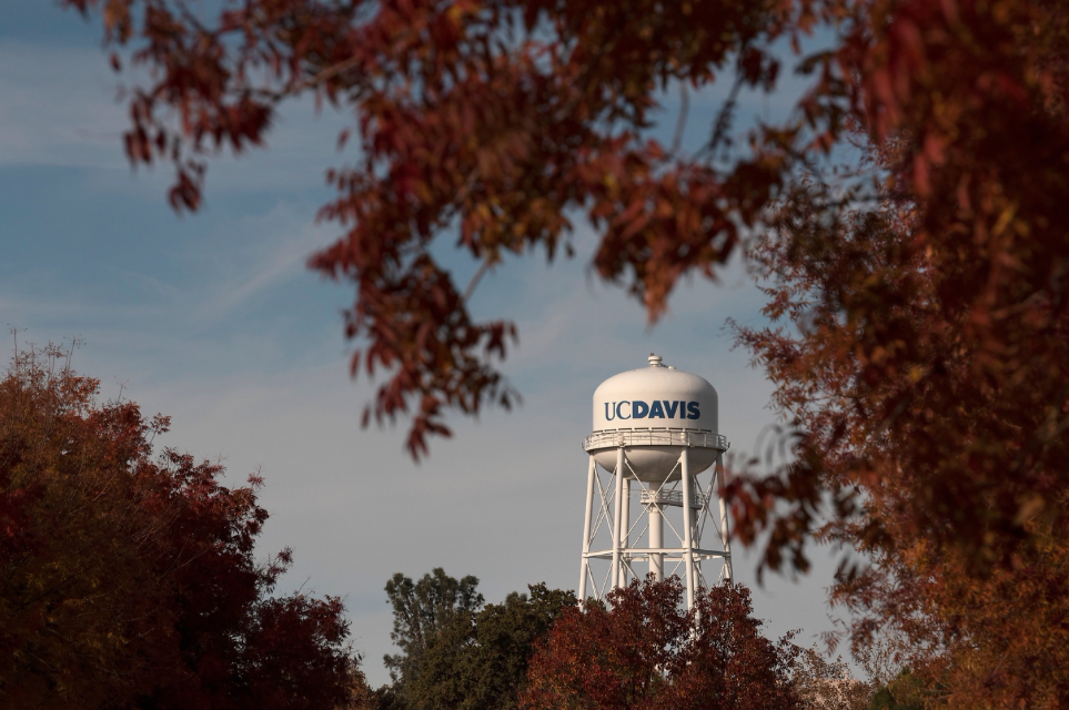 ucdavis water tower with leaves