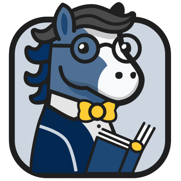 Graphic of a blue horse with glasses and yellow bow tie reading a book