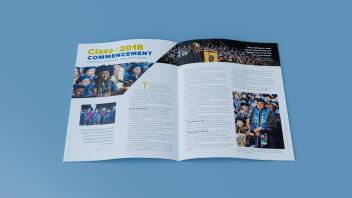 Open "Counselor" magazine featuring the Class of 2018, with photos from a graduation ceremony and text.