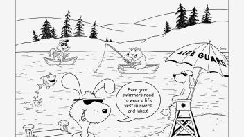 A cartoon scene of animals by a lake, with a lifeguard and paddle boats.