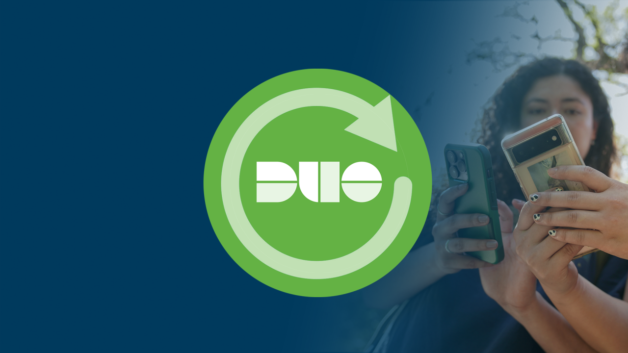 Green Duo logo with circular arrows, hands holding smartphones against a blurred background.