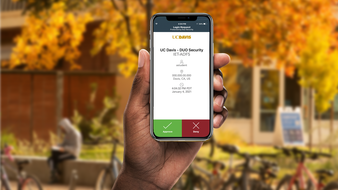 Image of Duo app on smartphone at UC Davis