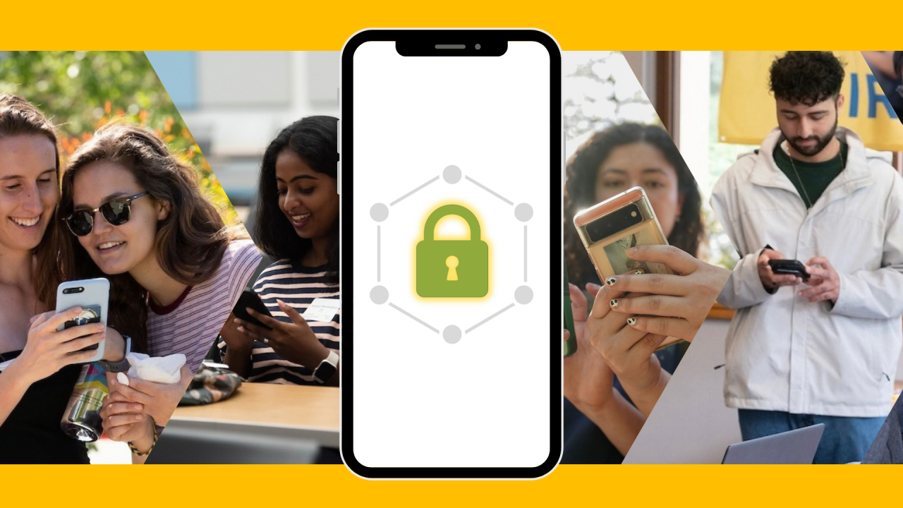 Smartphone graphic with green padlock centered; photos of people using phones at sides.