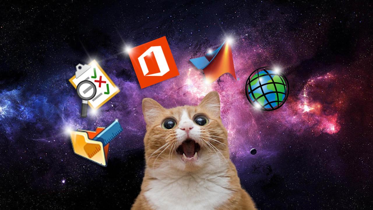 Amazed cat surrounded by software logos against a starry background