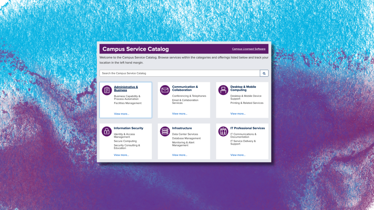 Service Catalog Graphic over watercolor blue and purple splashes