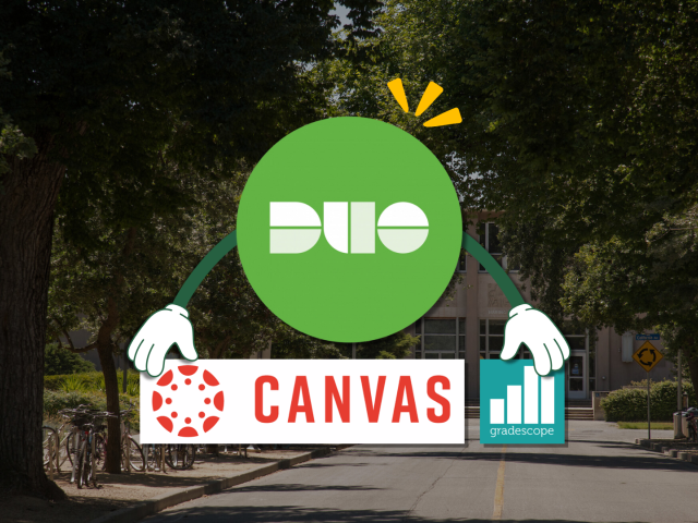 duo, canvas and Gradescope logos over a photo of UC Davis