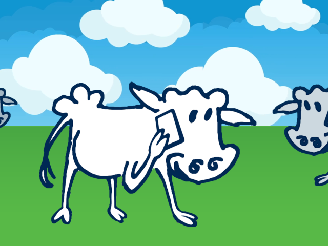 Several cartoon cows talking on cell phones