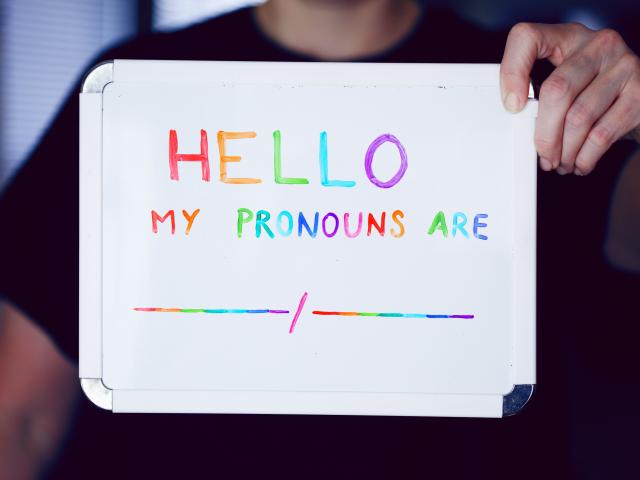 Person holding a whiteboard saying "Hello my pronouns are"