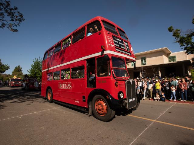 red double decker unitrans bus