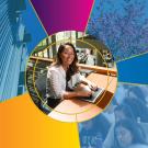 Person working on laptop surrounded by images of a building, watertower, and students