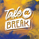 stylized text reading "take a break" over a yellow and blue watercolor background