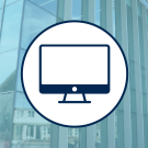 Graphic of a computer monitor icon on a background of glass building exterior.