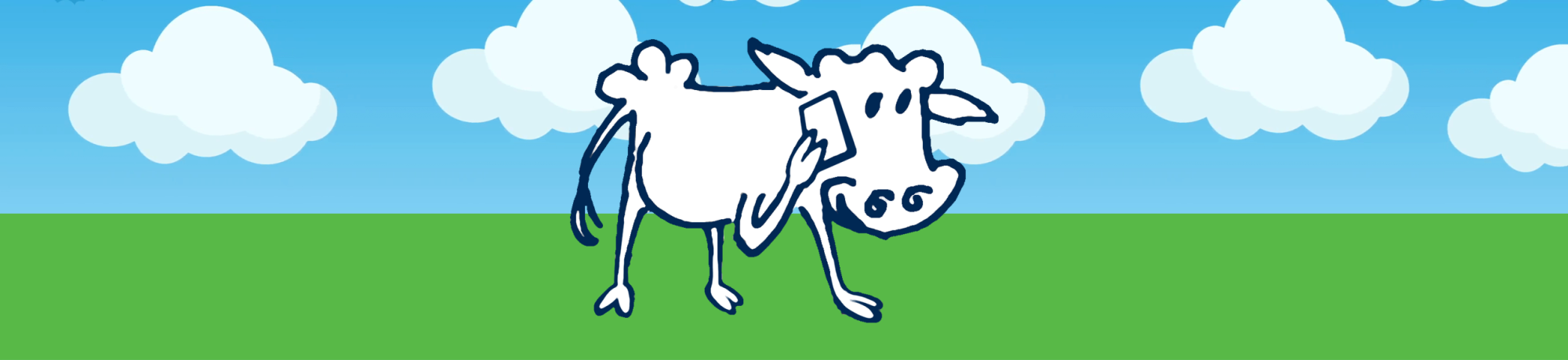 Cartoon cow talking on cell phone on green field with blue sky and clouds
