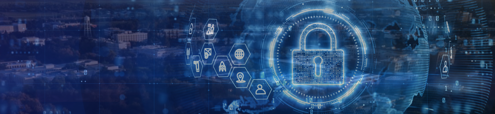 Cybersecurity graphic over aerial of UC Davis