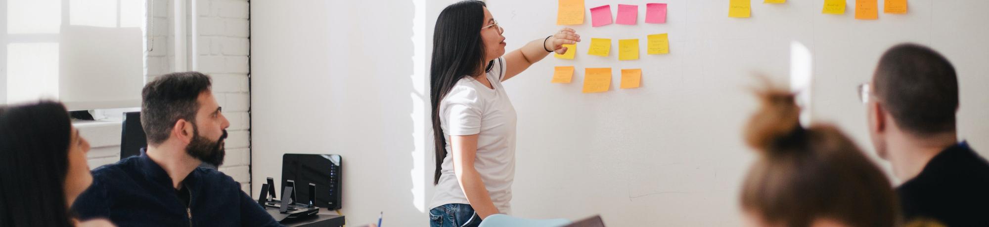Meeting with 5 people and a whiteboard with post it notes
