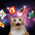 Amazed cat surrounded by software logos against a starry background